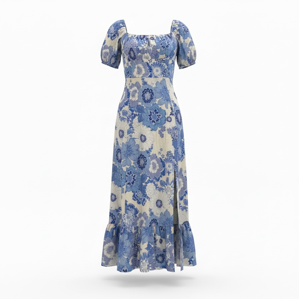 NWT London Times Blue, Ivory, White Floral Square Neck Puffer Sleeve Dress SZ 8 - Picture 1 of 10